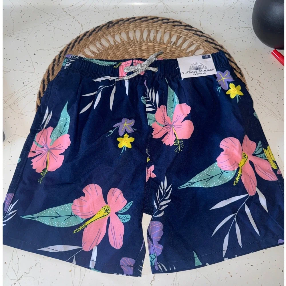 Vintage Summer Boys Navy Blue Tropical Hibiscus Floral Swim Trunks Size 10 NWT